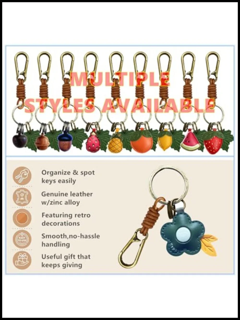 Leather Fruit Keychain with Metal Clasps - Bag Charm, Key Organizer
